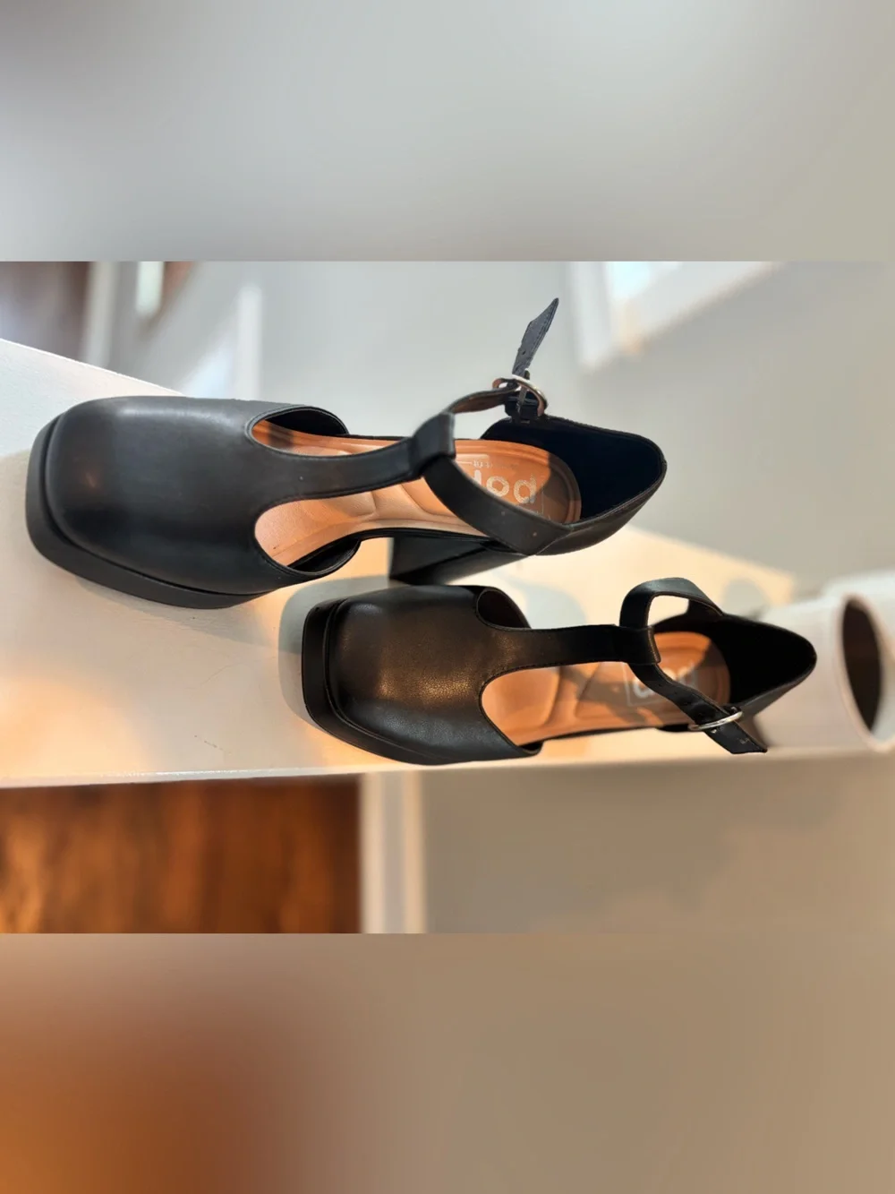 Black T-Strap Platform Block Heels with Buckle. Can be dressed up or down